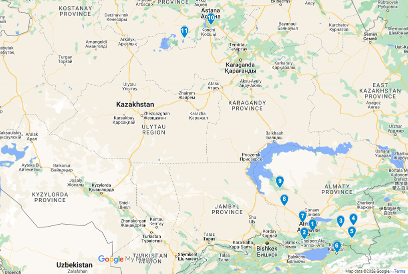 Kazakhstan & Kyrgyzstan Birding Tour Map